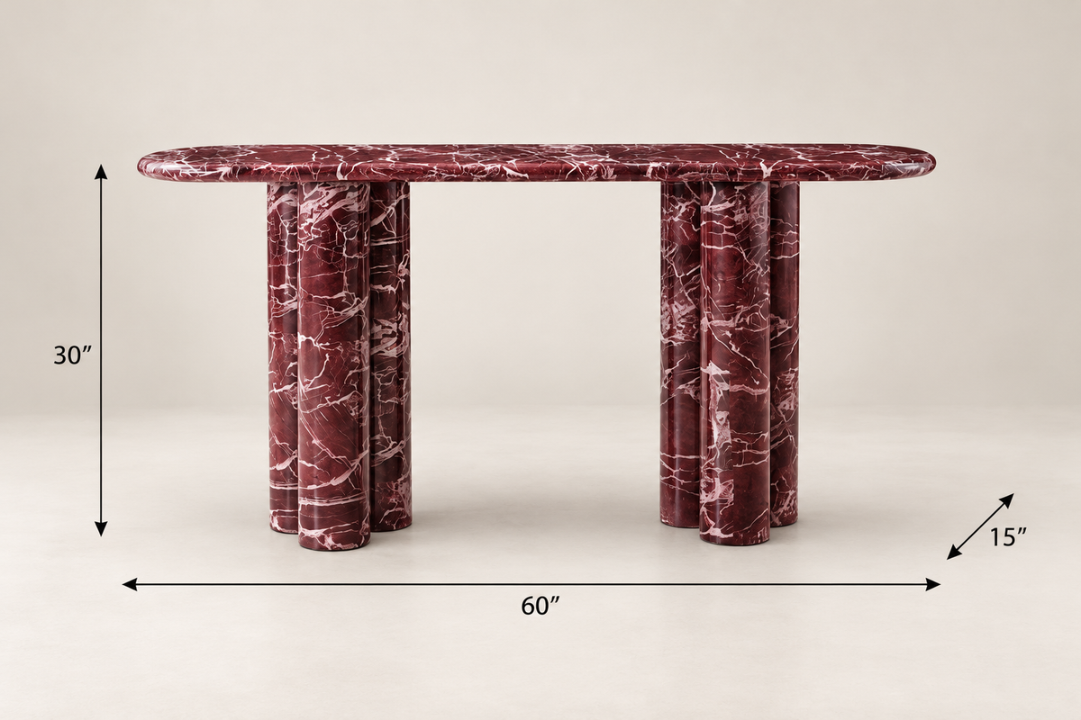 60" Red Genuine Marble Oval Double Pedestal Console Table