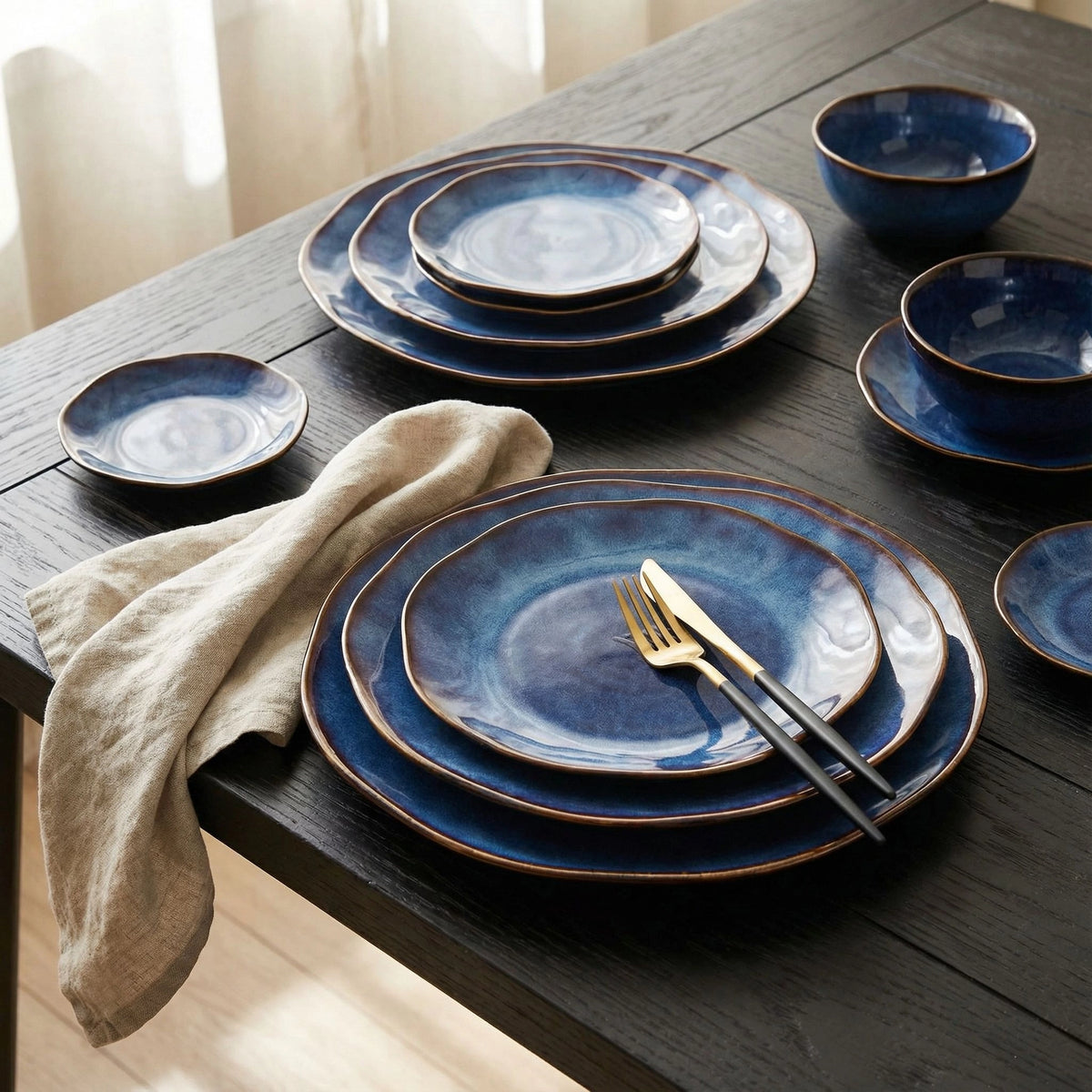 Blue Edge Ceramic Dinner Plates, Set of 4