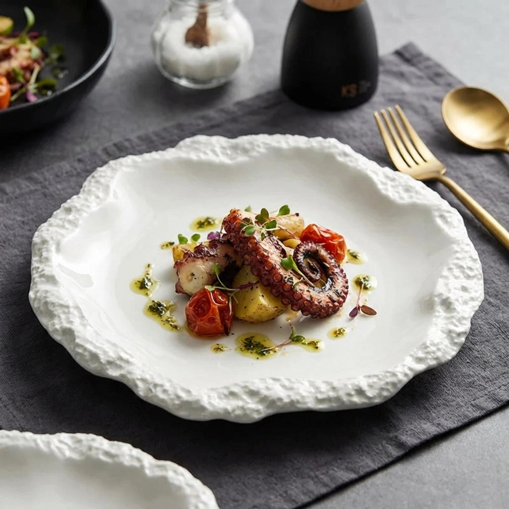 Ceramic Dinner Plates with Textured Rim, Set of 2