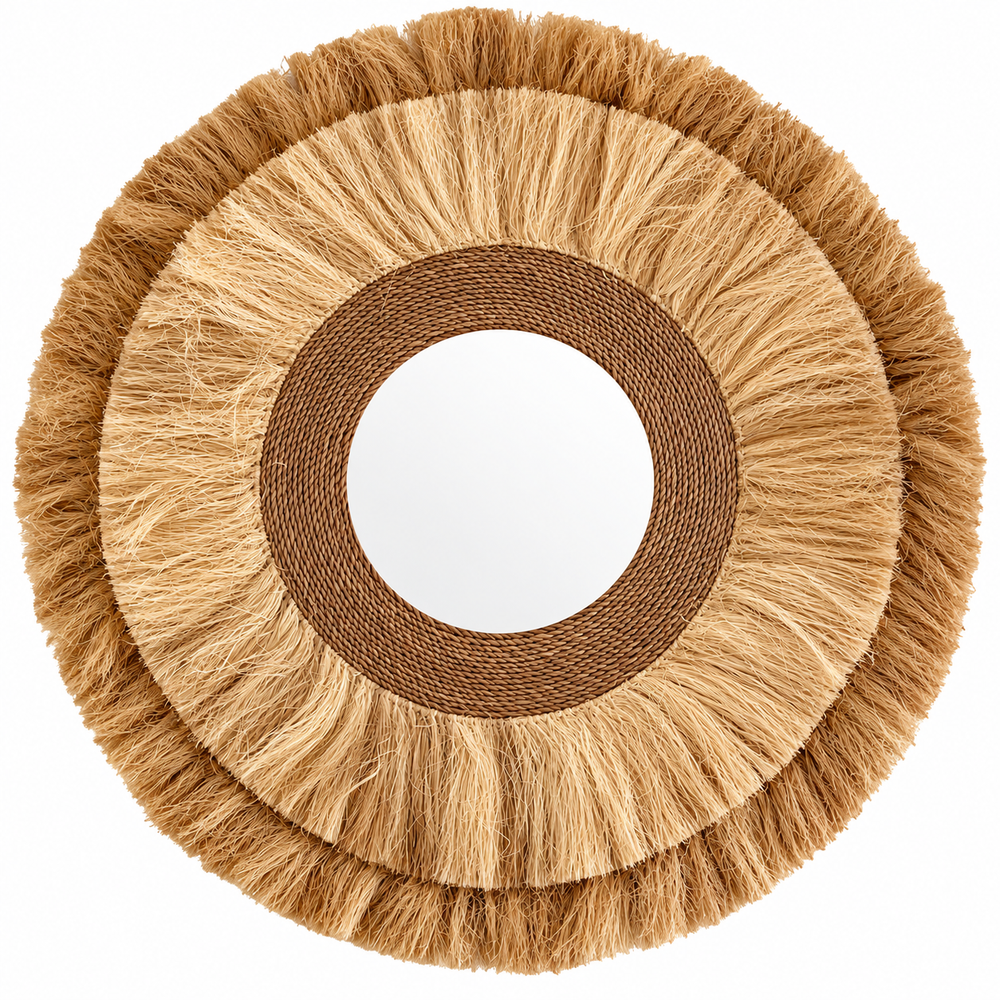 Round Rattan Wall Mirror Boho Accent Seagrass Decor - 25"