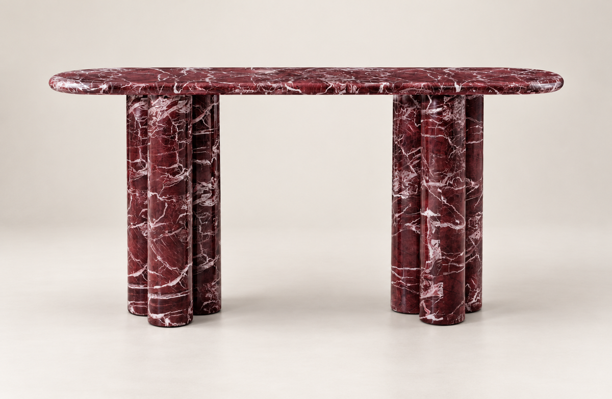 60" Red Genuine Marble Oval Double Pedestal Console Table