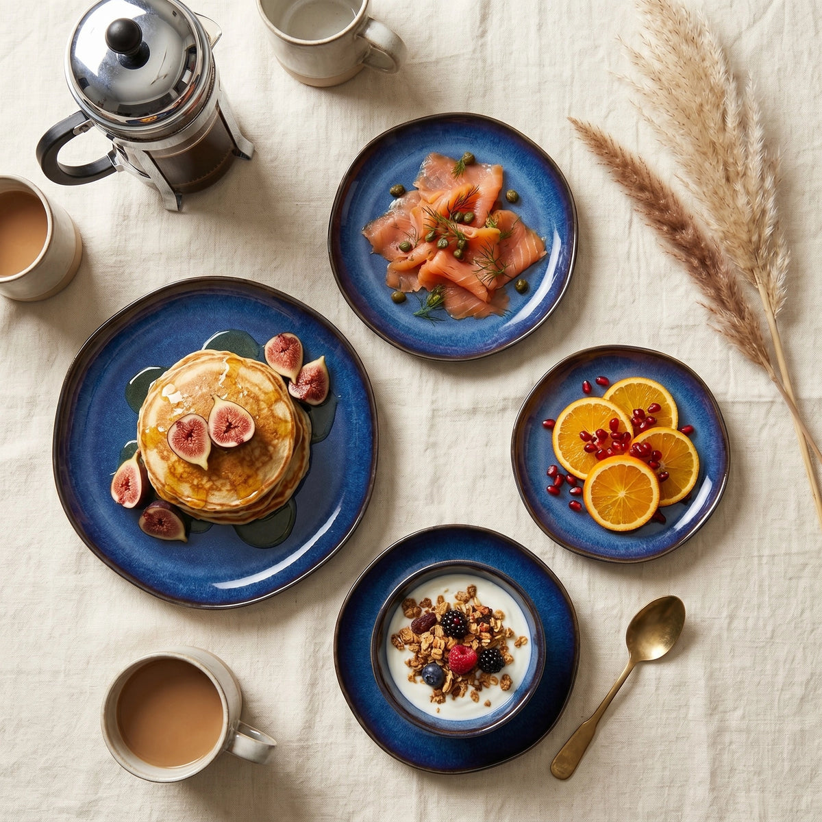 Blue Edge Ceramic Dinner Plates, Set of 4